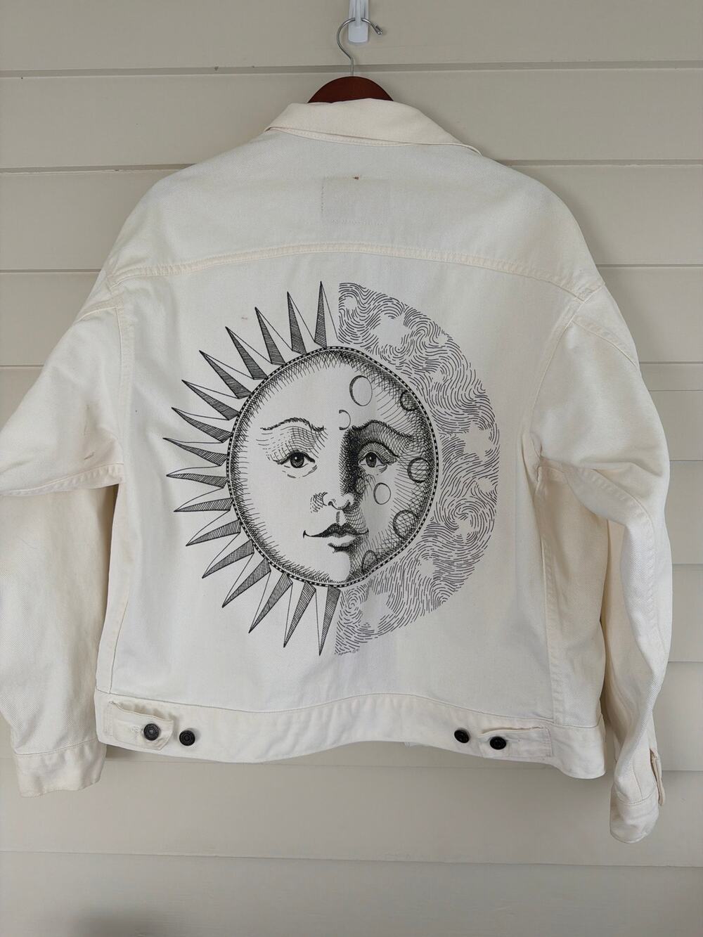Vintage 90s Mojoware Celestial Sun Moon Denim Jacket Whimsigoth Cream L RARE